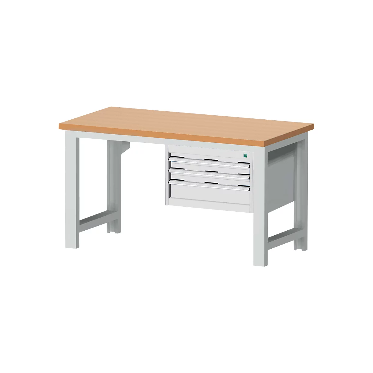 Een witte werkbank met een houten blad en laden.