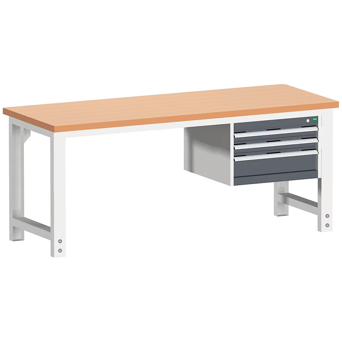 Werkbank met lichtbruin tafelblad, wit frame en lade-eenheid.