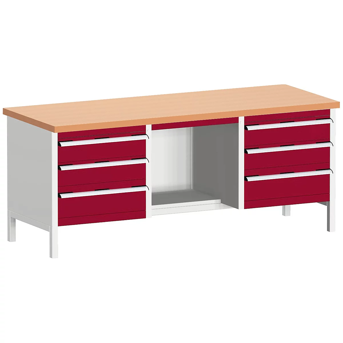 Een bureau met een lichtbruin werkblad, witte zijpanelen en rode lades.