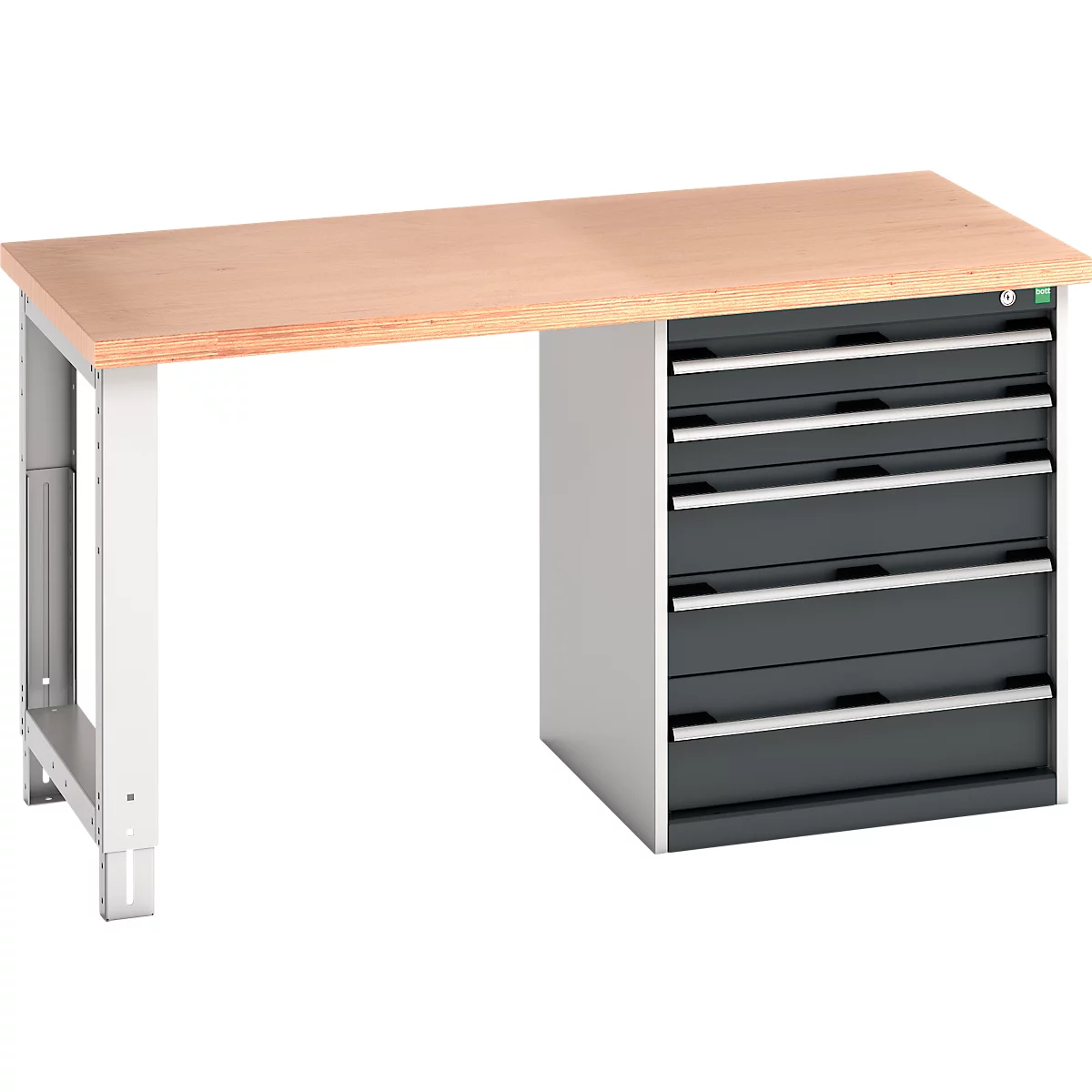 Werkbank met houten blad, grijs-zilveren lades en wit frame.