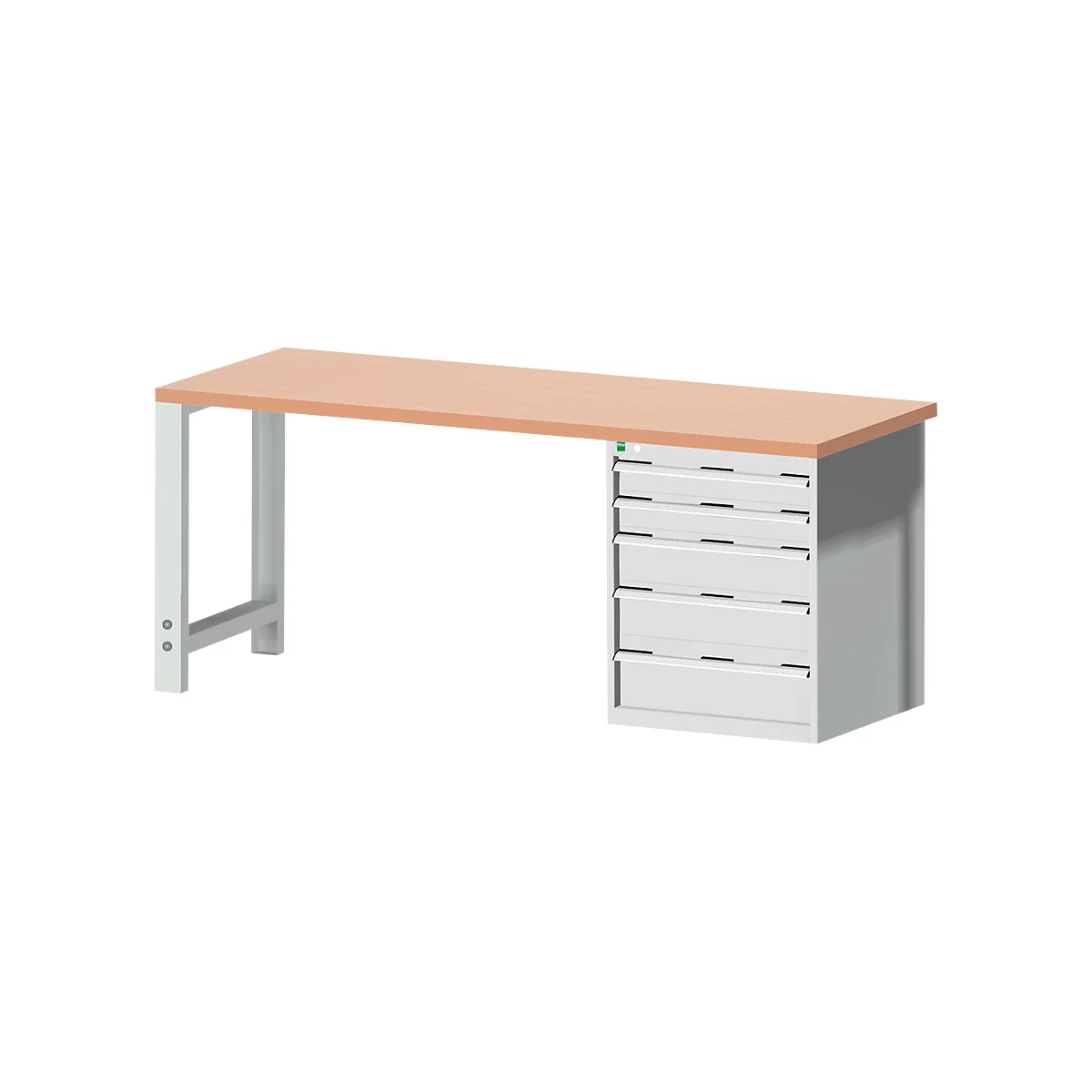 Werkbank met licht houten blad en witte lades.