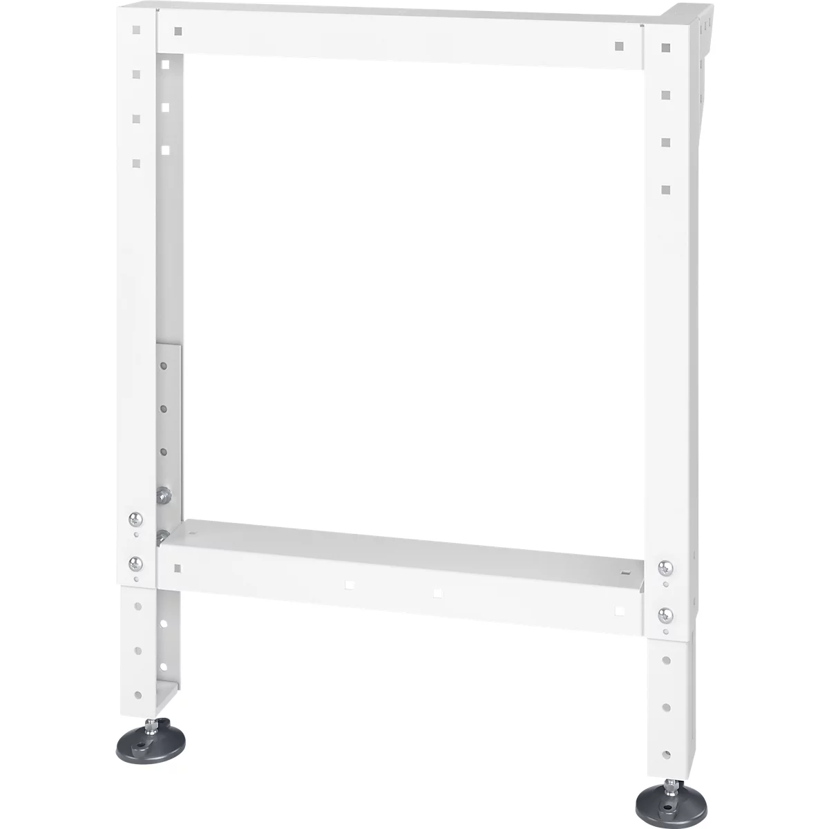 Weißes, rechteckiges Möbelgestell mit verstellbaren Beinen und Fußplatten.