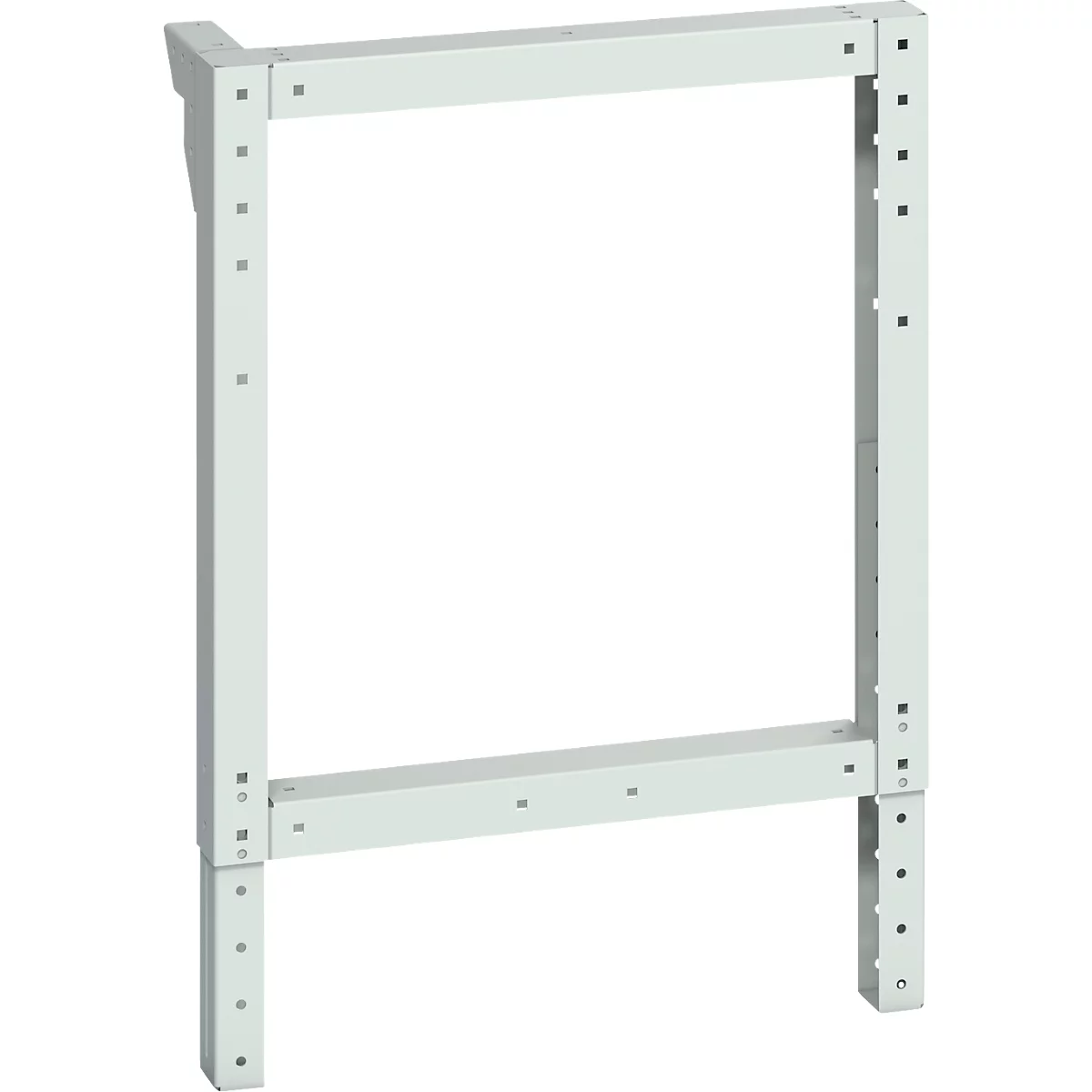 Hellgraues Metallgestell mit eckiger Form; offene Struktur; für den Gebrauch im Innenbereich bestimmt.