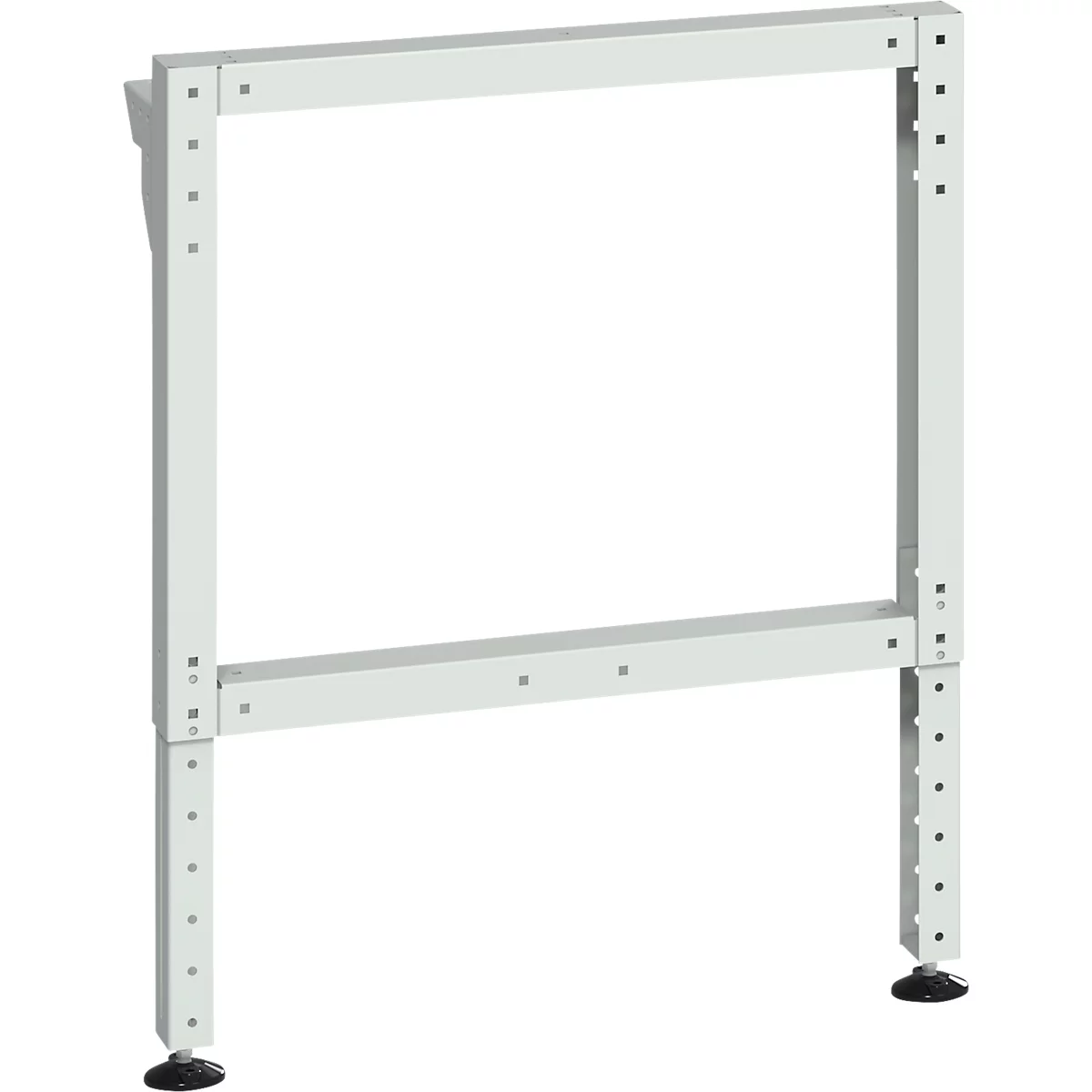 Hellgraues Metallgestell mit rechteckigem Rahmen. An den Füßen kleine schwarze Stellfüße.