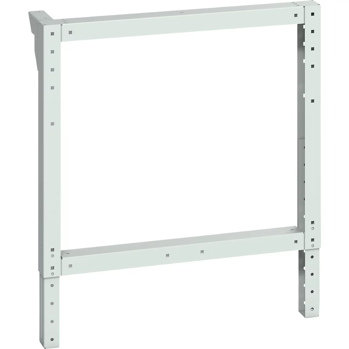 Hellgraues Metallgestell mit eckiger Form und Lochreihe an den Kanten.