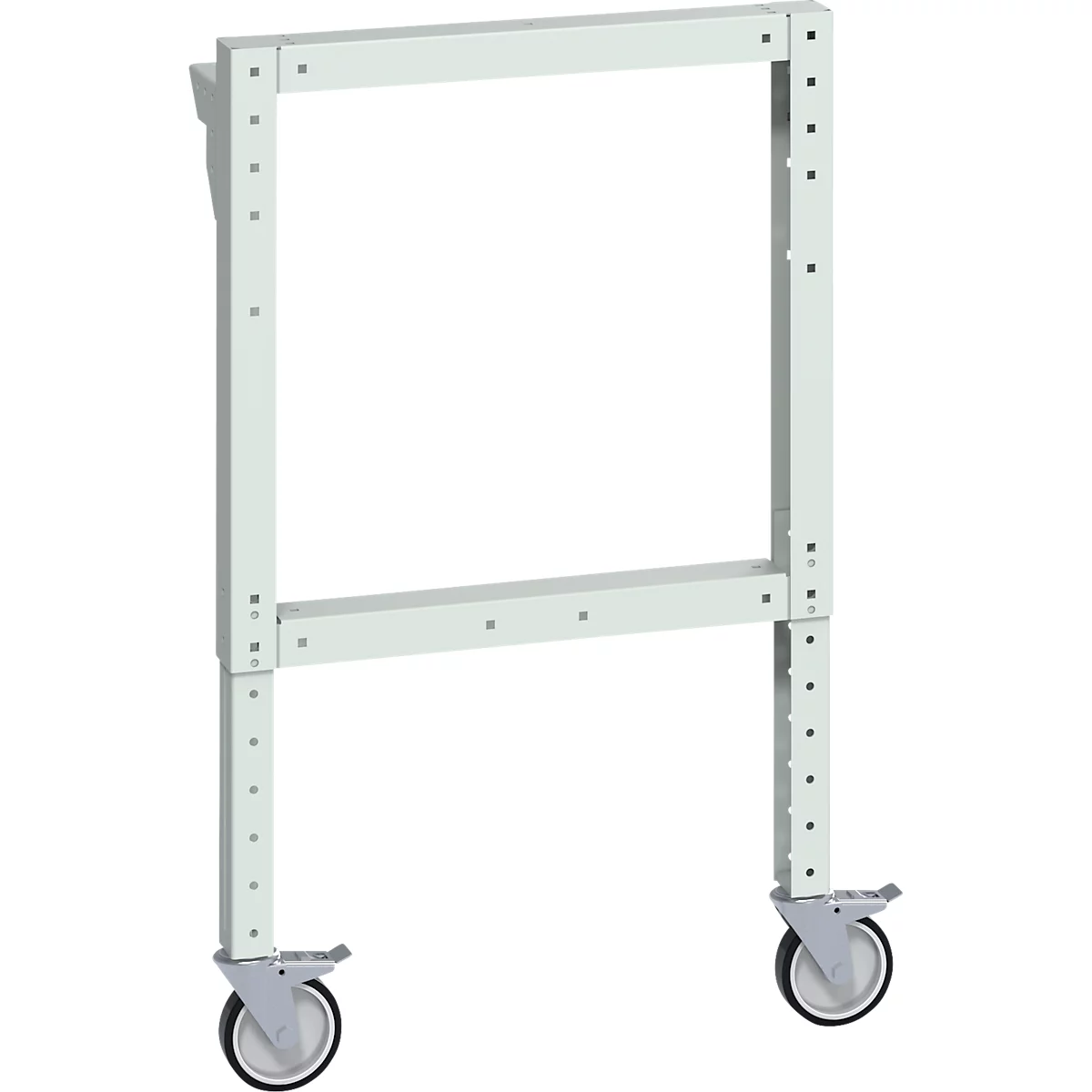 Ein weißes, rechteckiges Gestell mit Rädern. Es dient als Basis für ein höhenverstellbares Gerät.