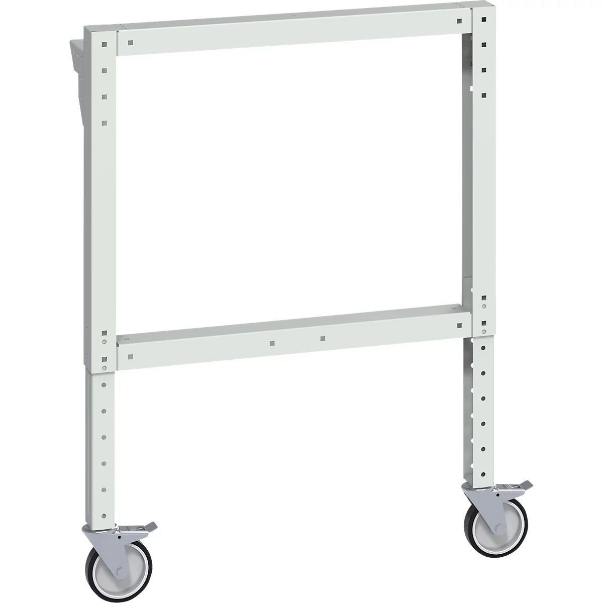 Hellgrauer Metallrahmen mit Rollen. Der Rahmen hat eine rechteckige Form und ist mit Schrauben verbunden.