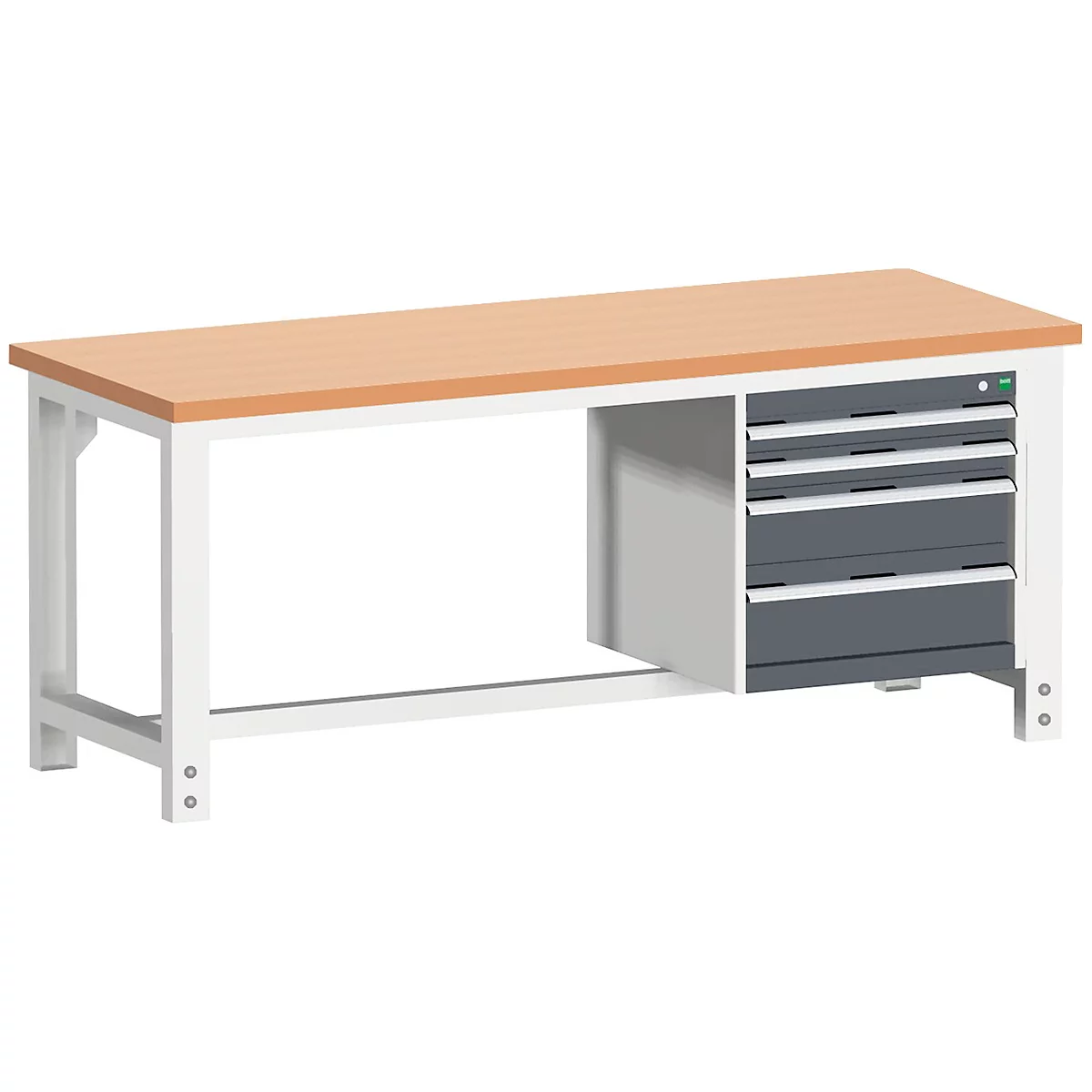 Wooden and metal workbench with gray drawers. There are no objects on the surface.