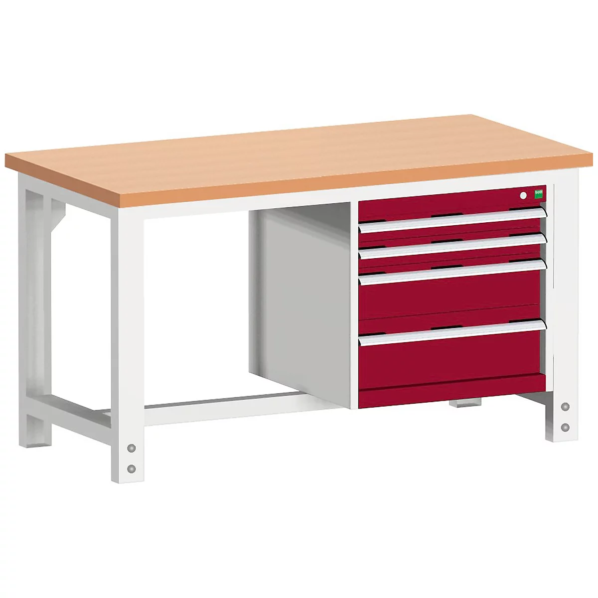 Workbench with light wooden top, white frame and red drawer cabinet.