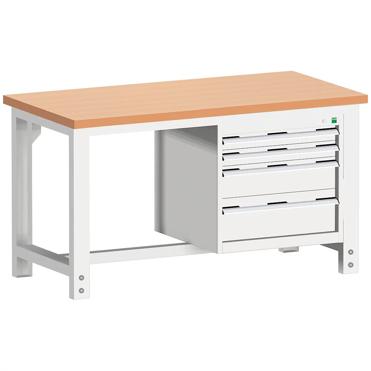 Workbench with light brown tabletop, white legs and drawers.