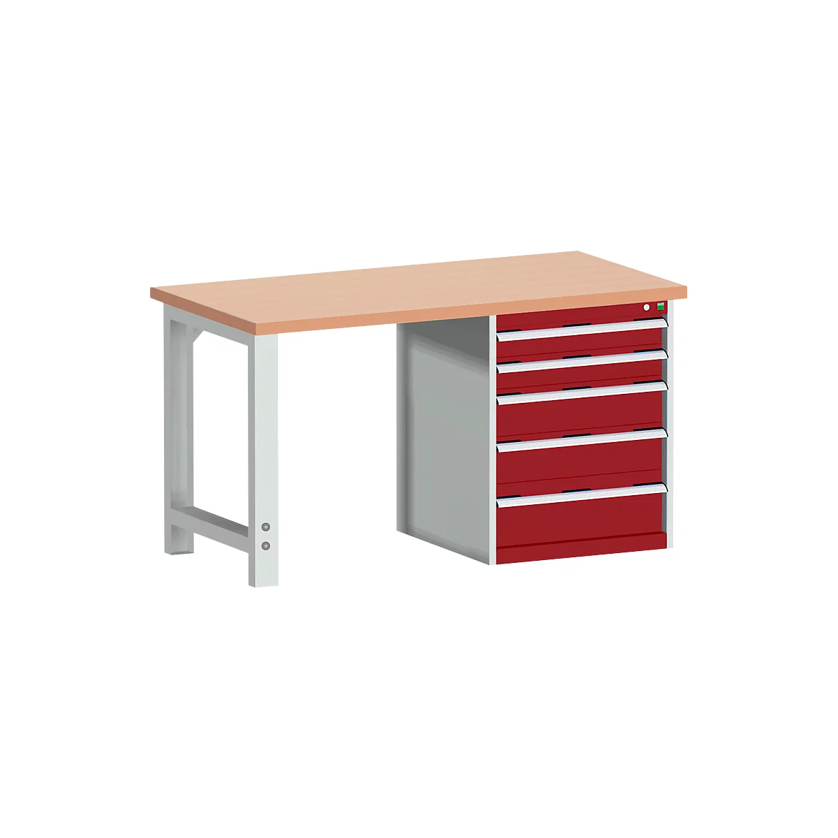 Workbench with wooden top, gray legs, and red drawer side.
