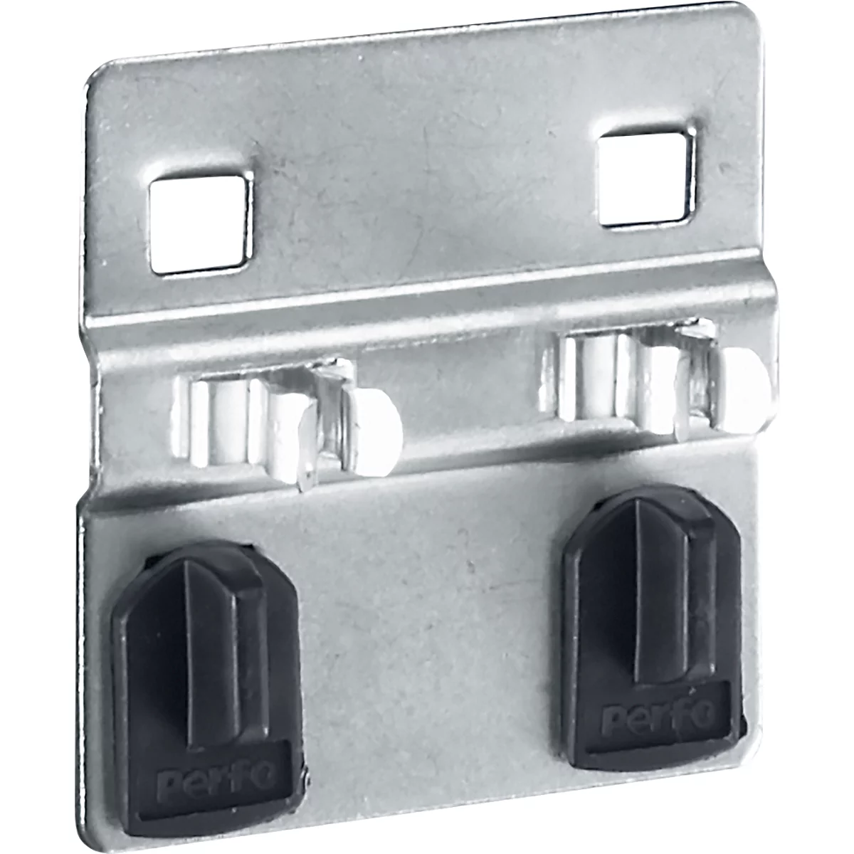 Metallwinkel mit schwarzen Kunststoffkappen. Zwei quadratische Löcher oben, Schriftzug 'Perfo' auf den Kappen.