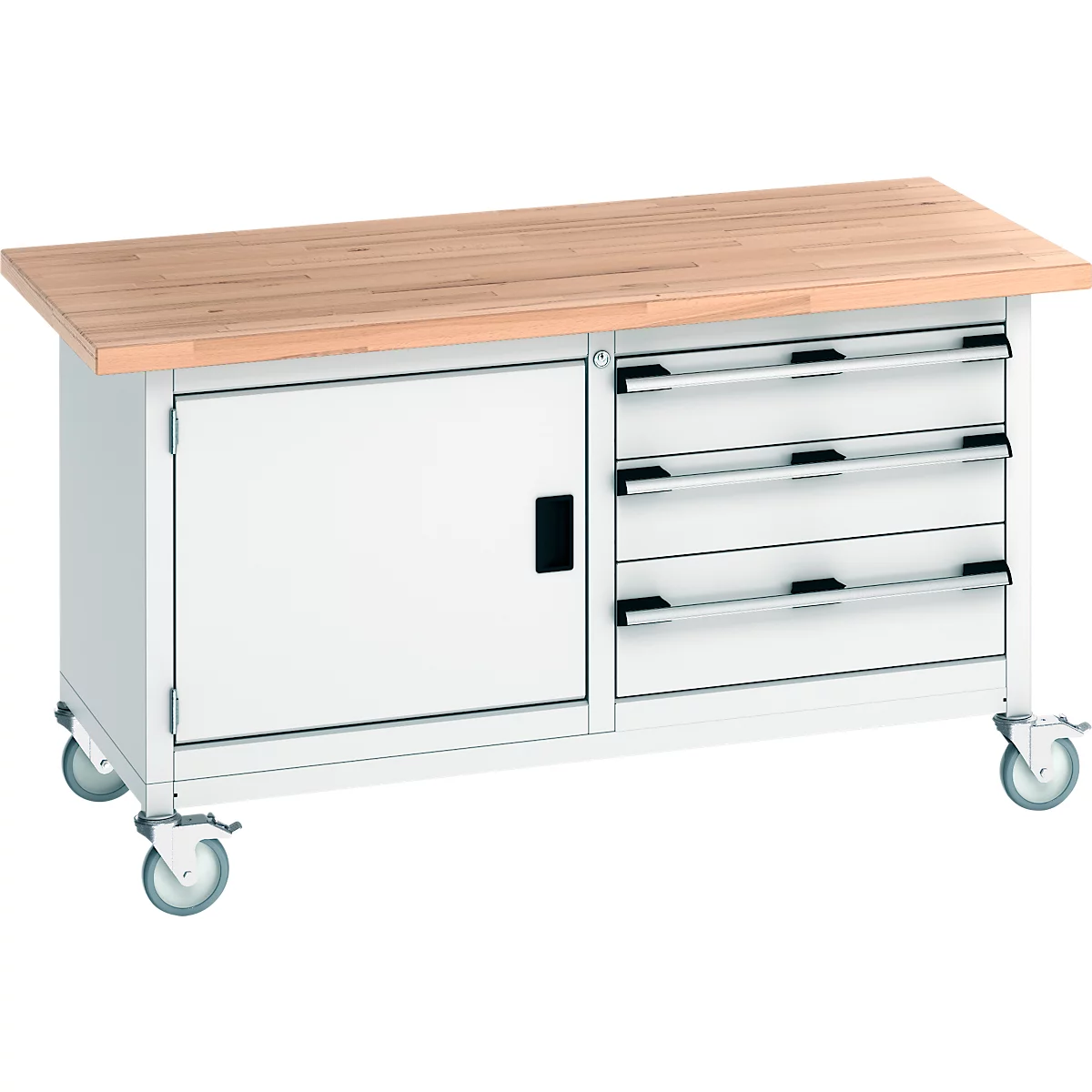 Werkbank mit Holzarbeitsplatte, weißem Schrank und Schubladen, auf Rollen.