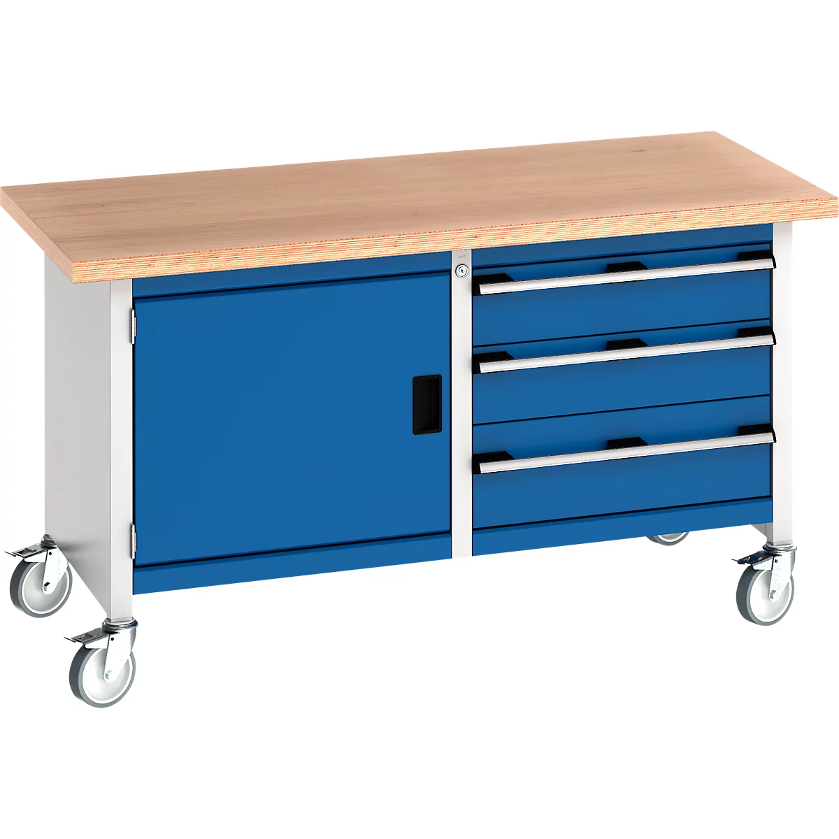 Blauer Werkbanktisch mit Holzplatte, Schrank, Schubladen und Rollen.