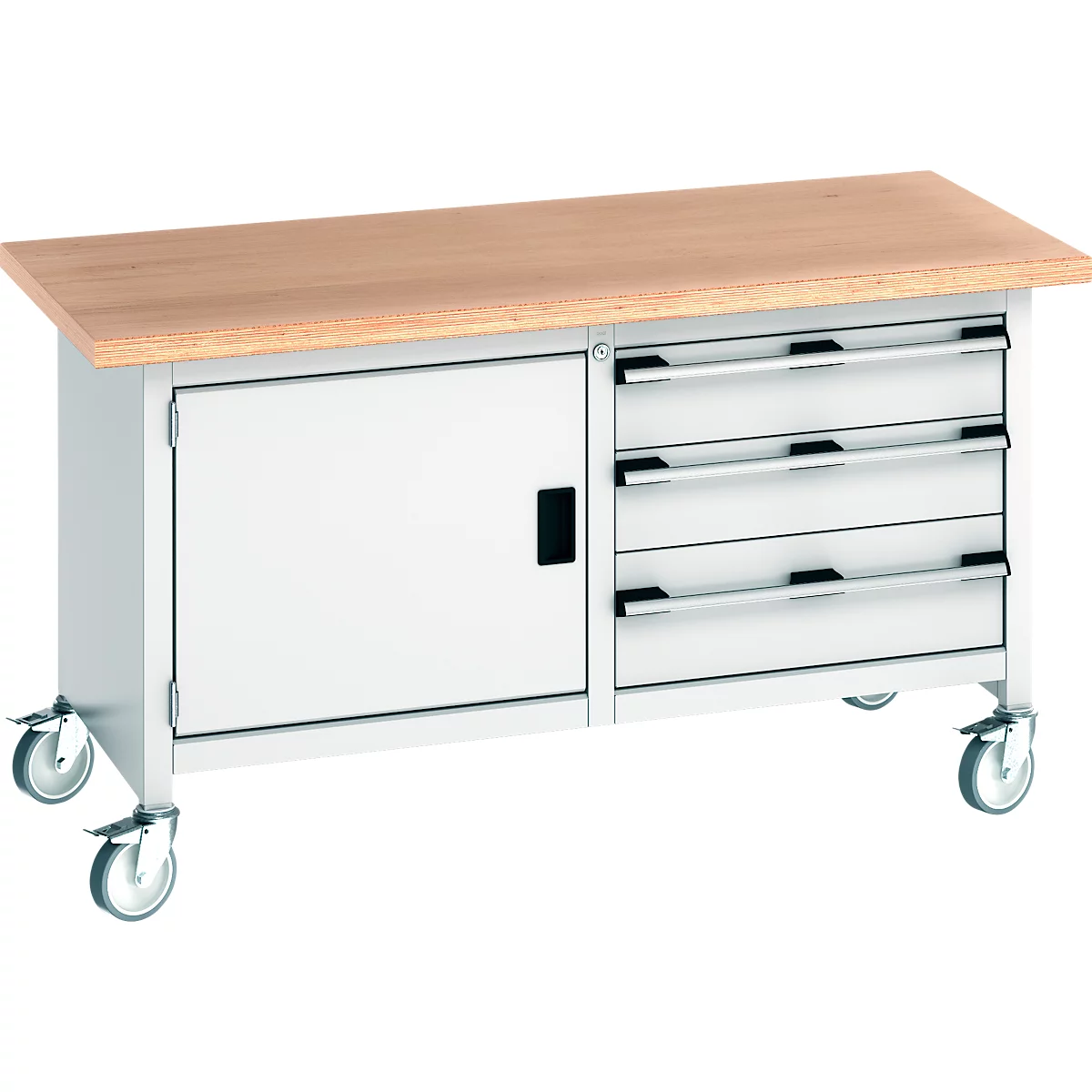 Werkbank mit Holzplatte, Schrank, Schubladen und Rollen. Hellgraue Metallkonstruktion.