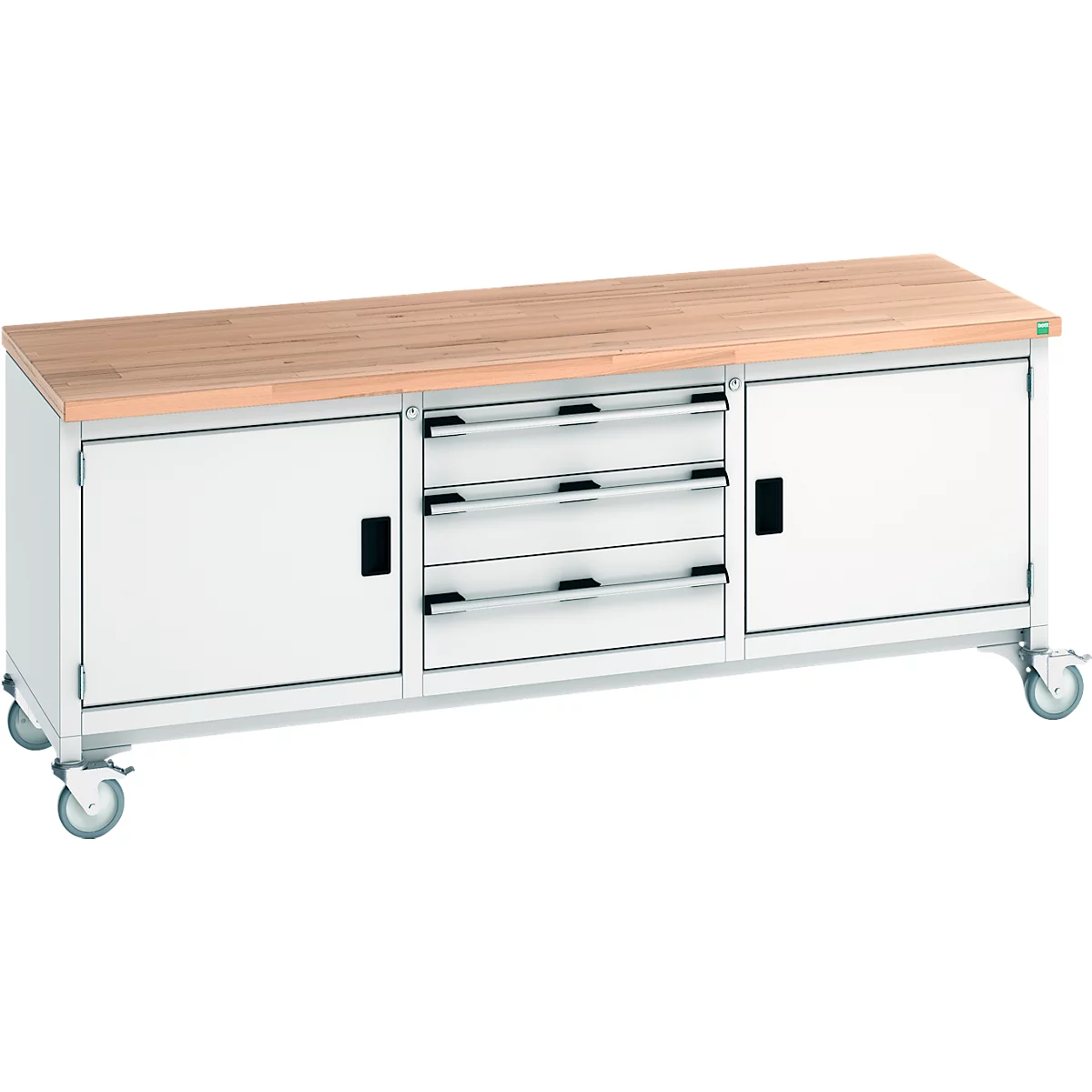 Werkbank mit Holzplatte, weissen Türen und Schubladen. Das Möbelstück steht auf Rollen.