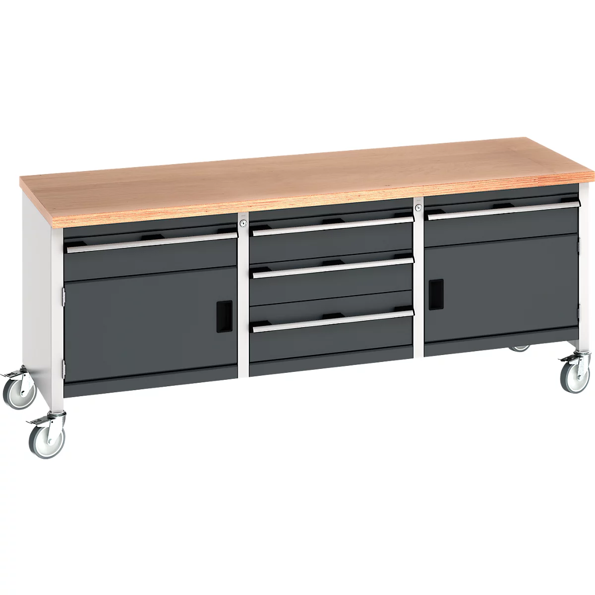Werkbank mit Holzplatte, grauen Schubladen und Türen, auf Rollen.