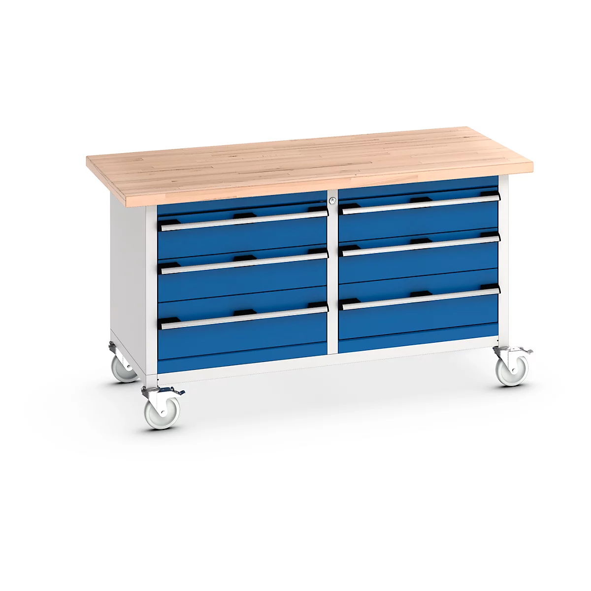 Werkbank mit Holzplatte, blaue Schubladen und Rädern.