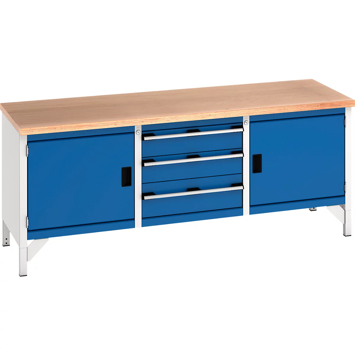 Blaue Werkbank mit Holzplatte, Schubladen und Schranktüren. Metallbeine, schwarze Griffe.