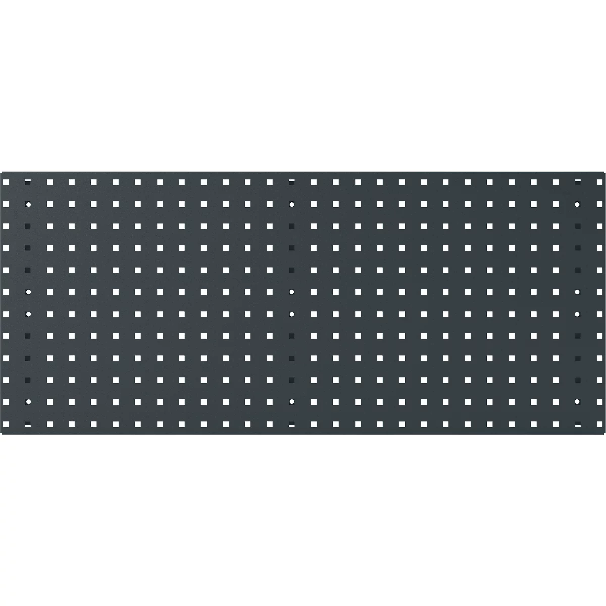 Dunkelgraue Platte mit gleichmäßig angeordneten, weißen quadratischen Löchern.