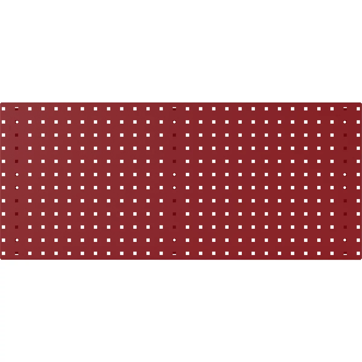 Rechteckige Tafel in Burgunderrot mit regelmäßig angeordneten, quadratischen Aussparungen in Weiß.