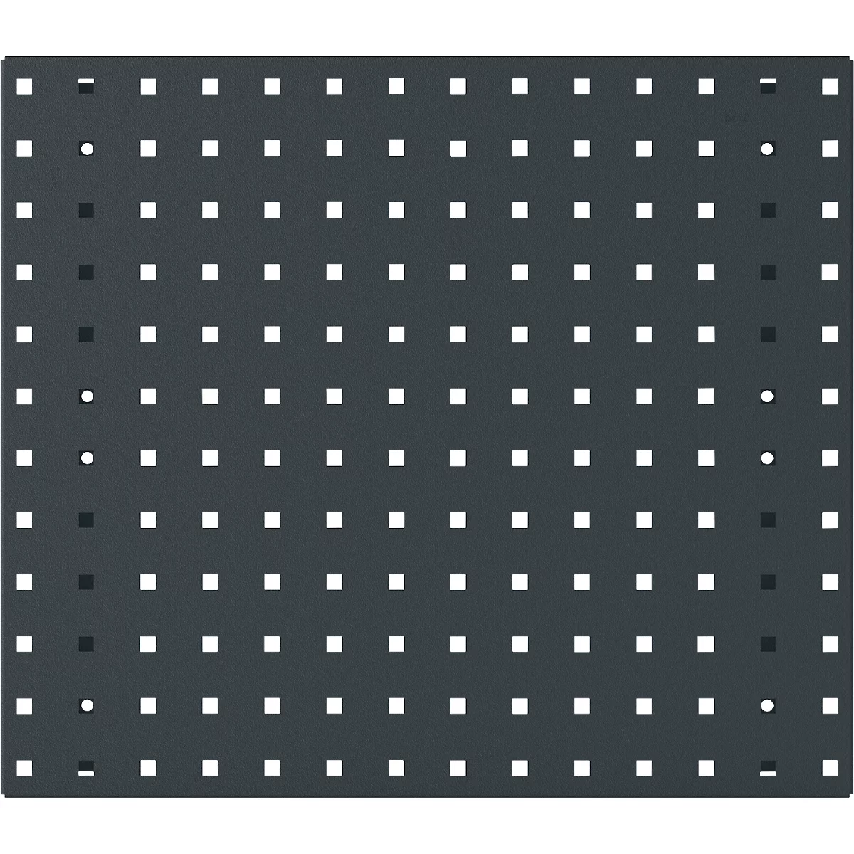 Dunkelgraue Platte mit quadratischen und runden Löchern.