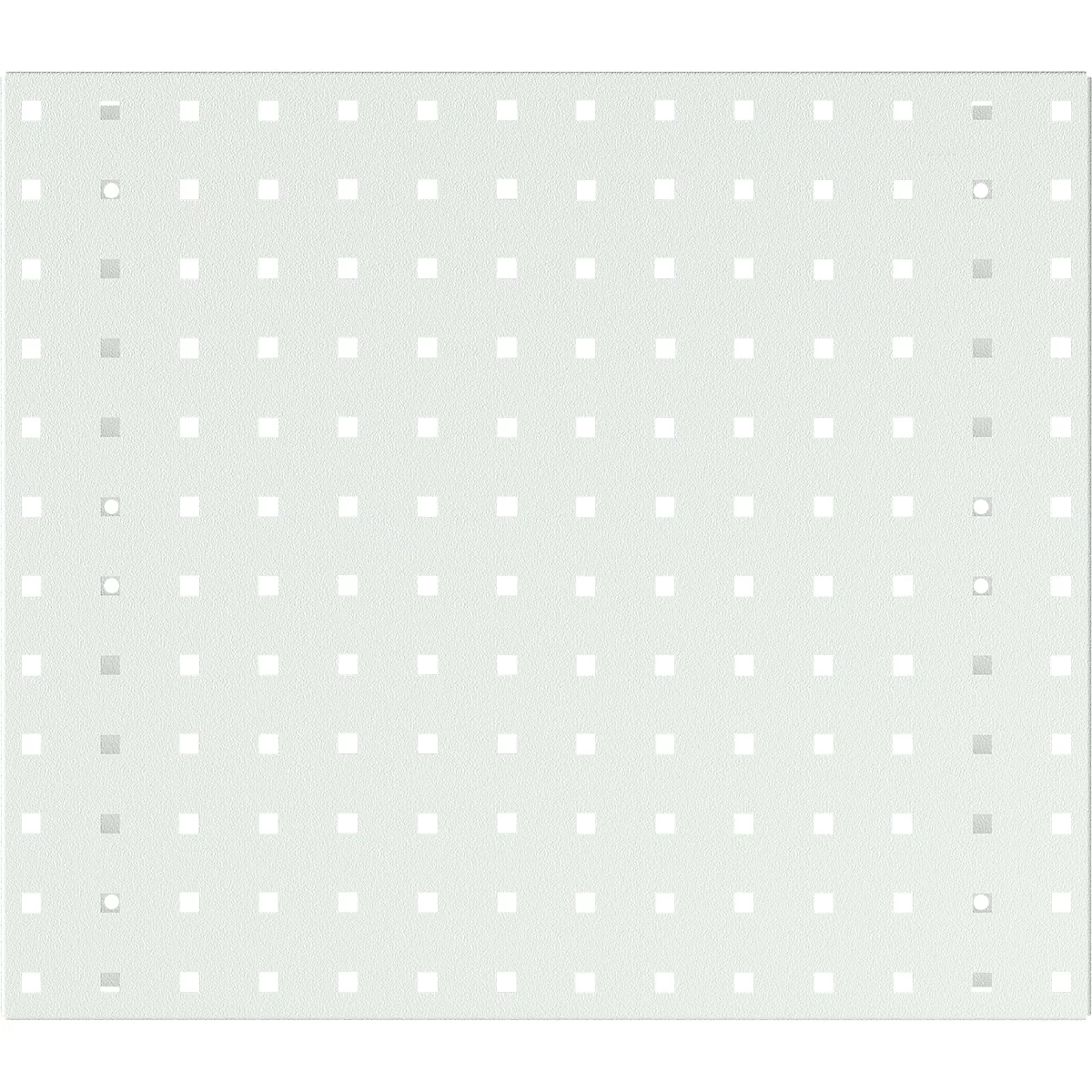 Hellgraue quadratische Platte mit gleichmäßig verteilten quadratischen und runden Löchern.