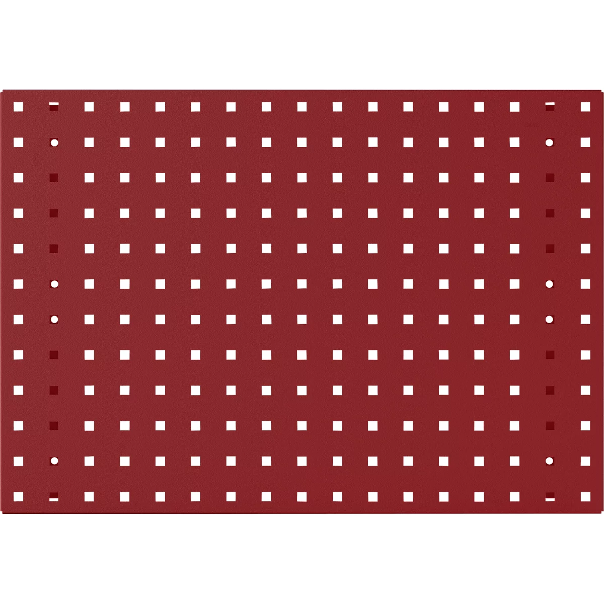 Bord mit vielen quadratischen und runden Löchern in einem roten Hintergrund.