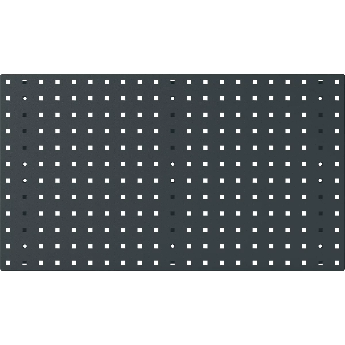 Dunkelgraue Platte mit quadratischen und runden Löchern. Die Anordnung ist regelmäßig.