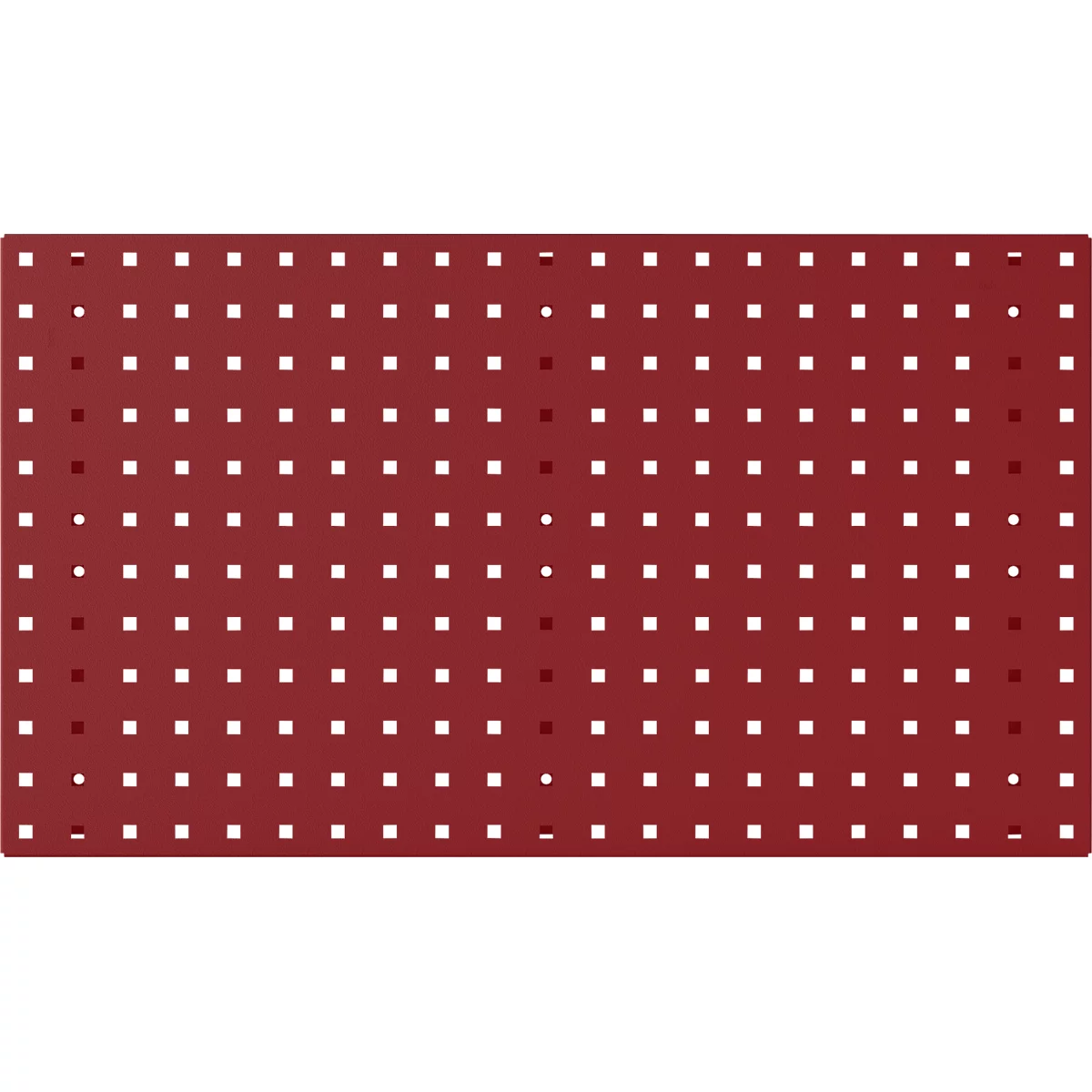 Rote Platte mit Löchern und quadratischen Aussparungen.