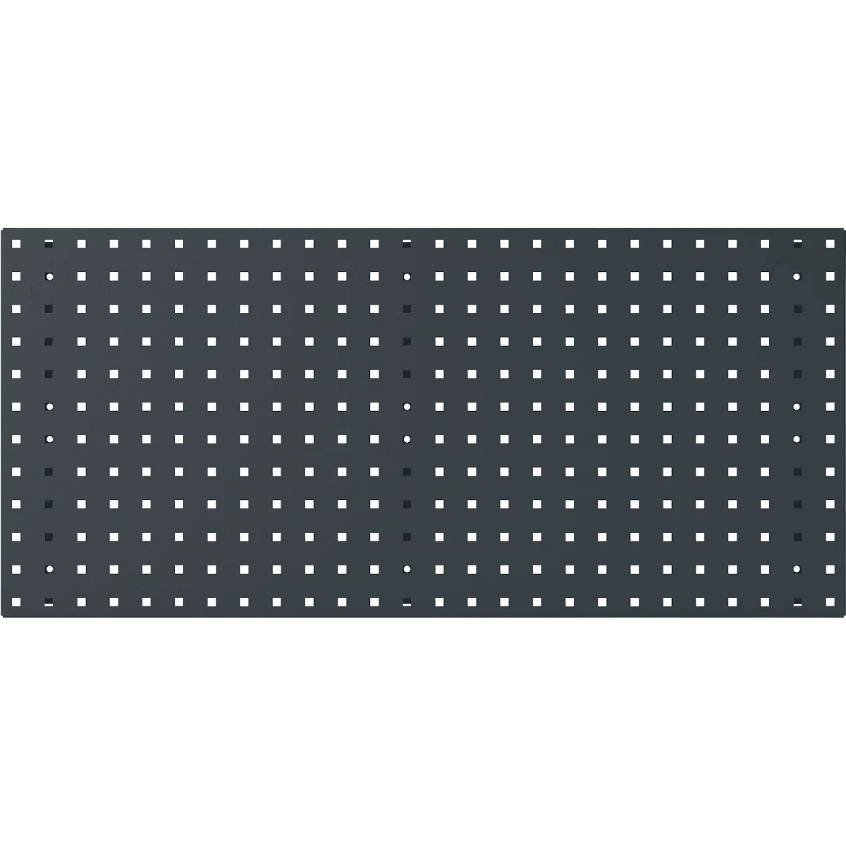 Dunkelgraue Platte mit gleichmäßig verteilten weißen quadratischen und schwarzen runden Löchern.