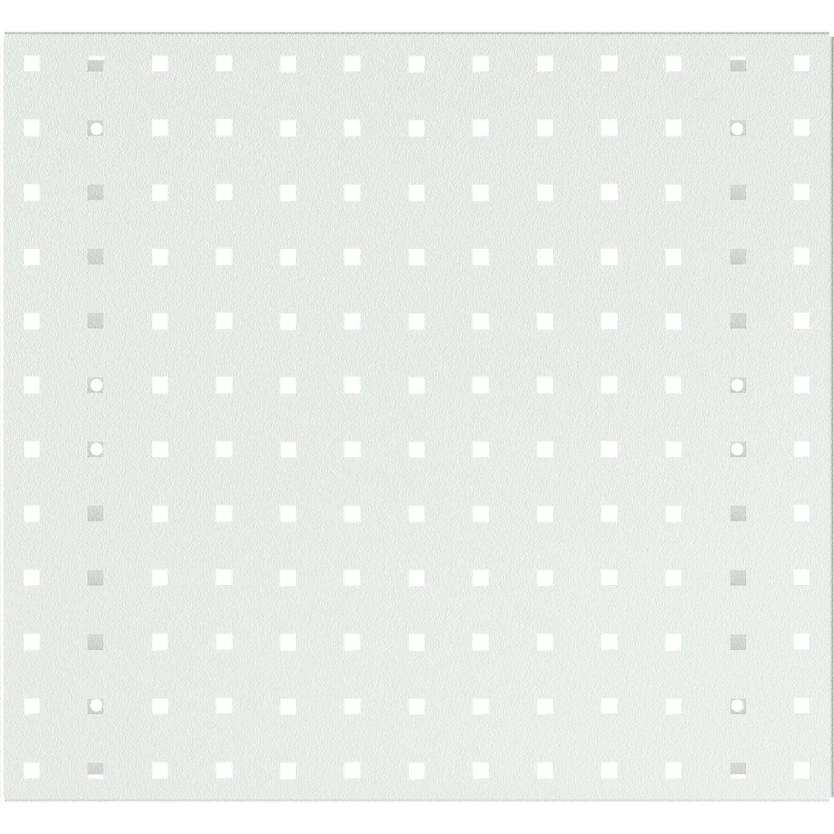 Hellgraue quadratische Platte mit gleichmäßig verteilten quadratischen und runden Löchern.