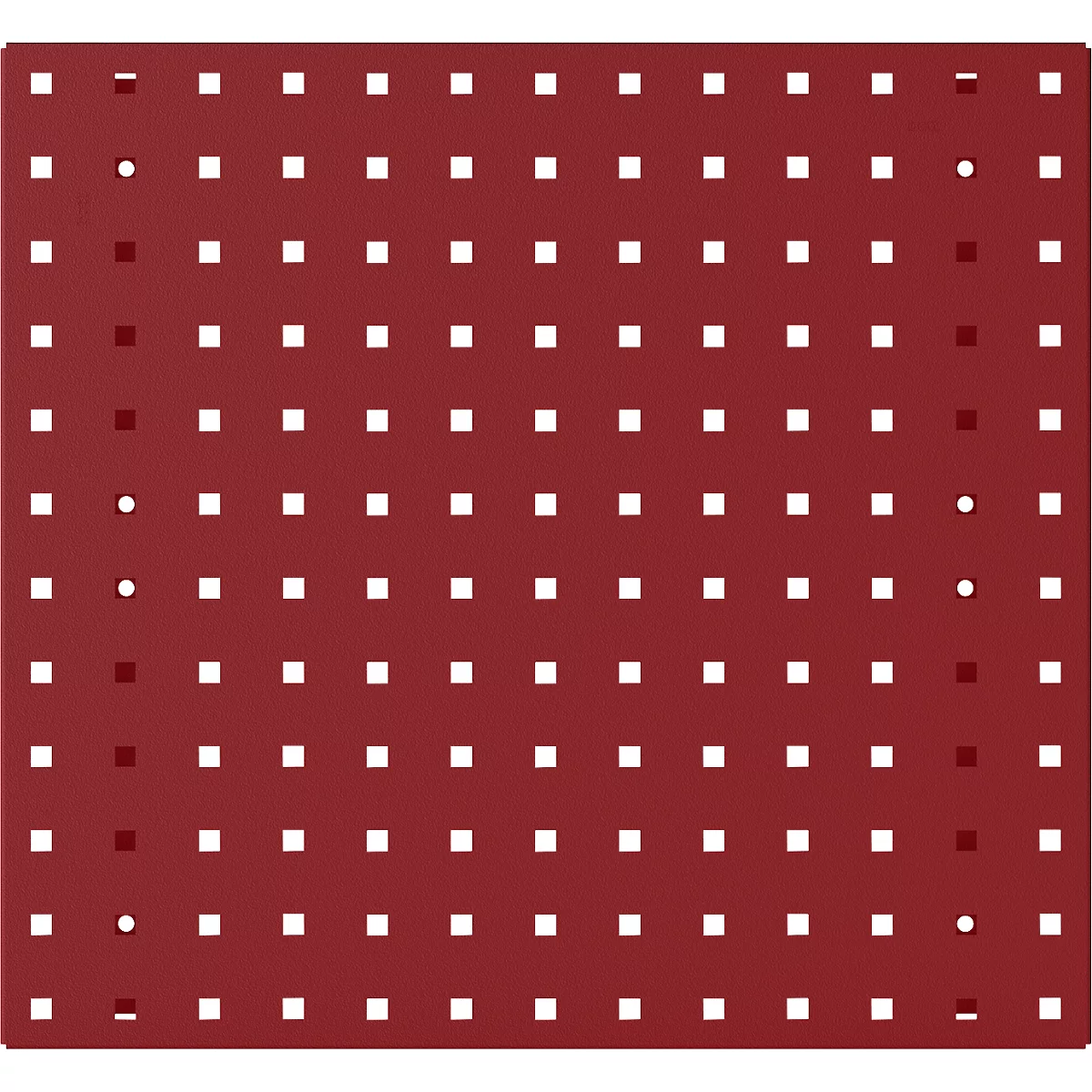 Rotes quadratisches Brett mit quadratischen und runden Löchern.