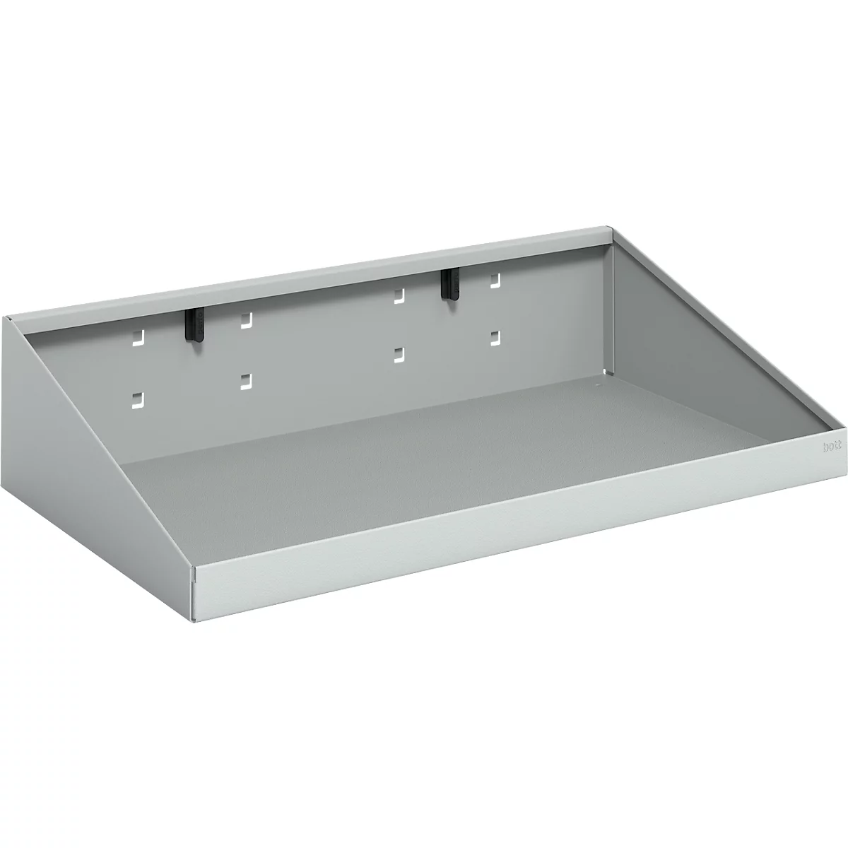 Graue, leere Wandablage, rechteckig, abgeschrägte Seiten. Zwei schwarze Halterungen, rechteckige Aussparungen.