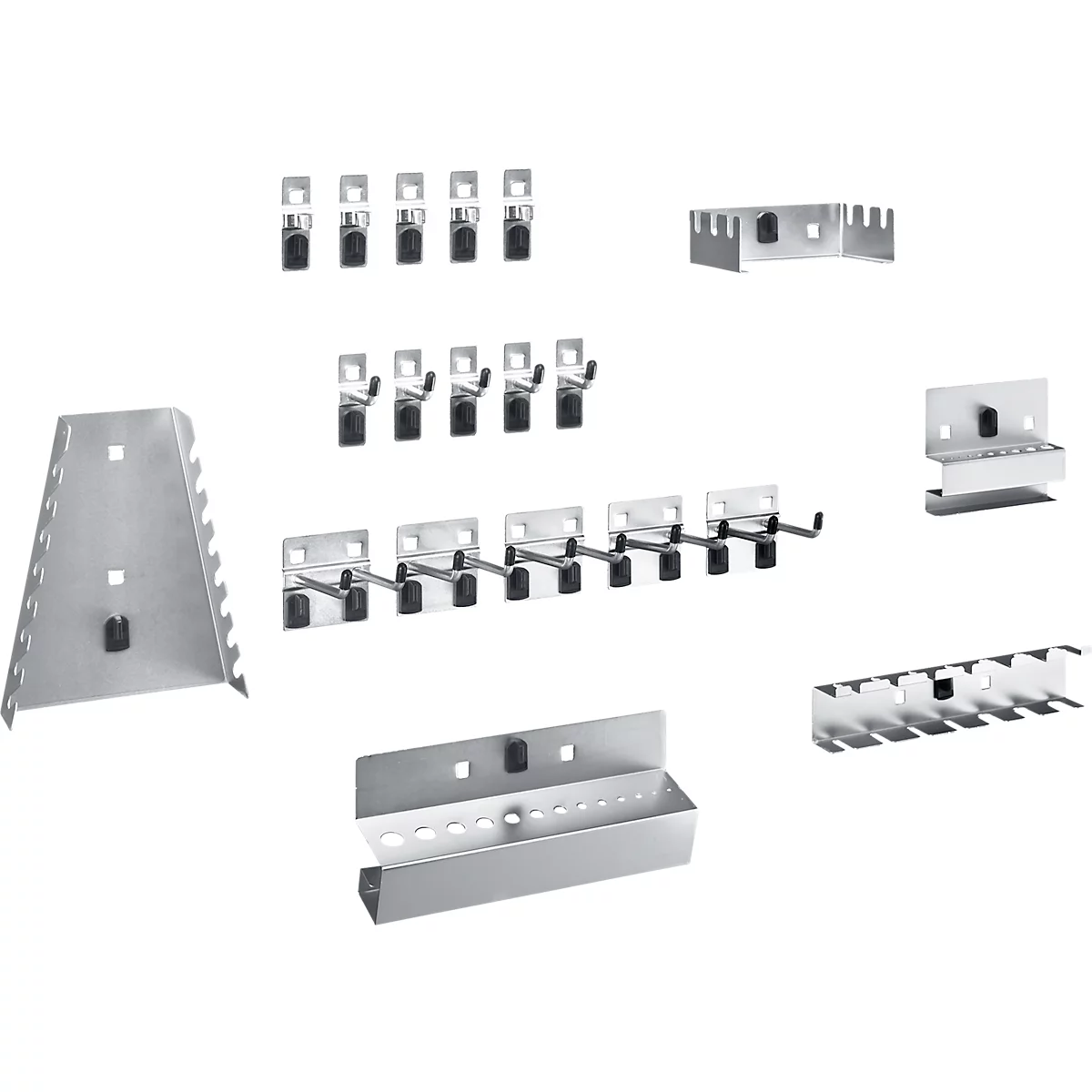 Verschiedene Werkzeugaufbewahrungssysteme aus Metall, Haken, Halterungen, Winkel und Behälter.