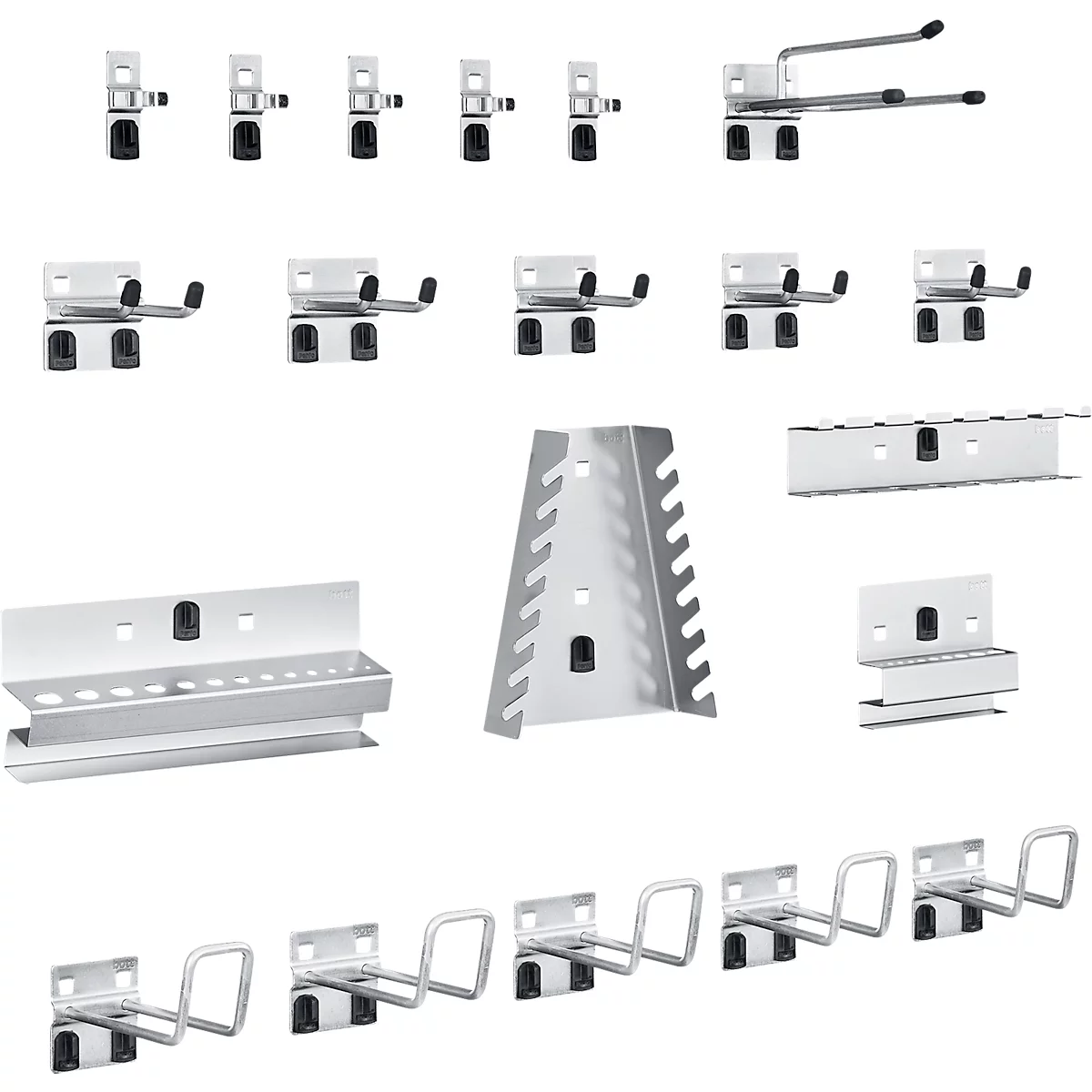 Verschiedene Werkzeugaufbewahrungssysteme aus Metall, darunter Haken, Halter und eine Werkzeugleiste.