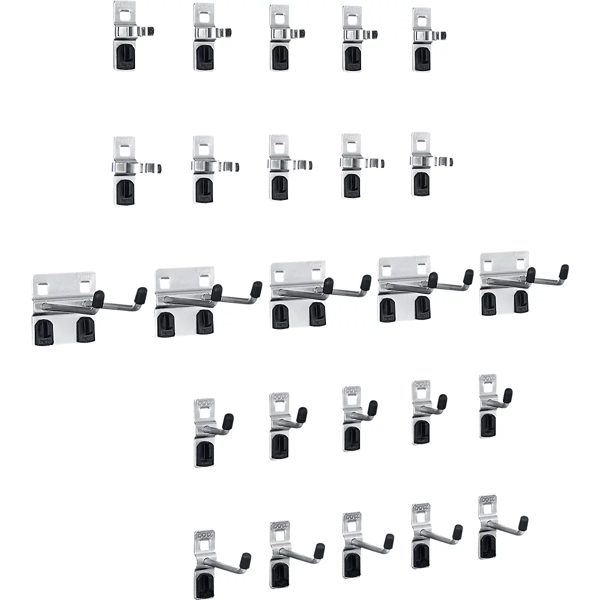Mehrere Metallhaken, angeordnet in Reihen. Sie haben schwarze Halterungen und silberne Haken.