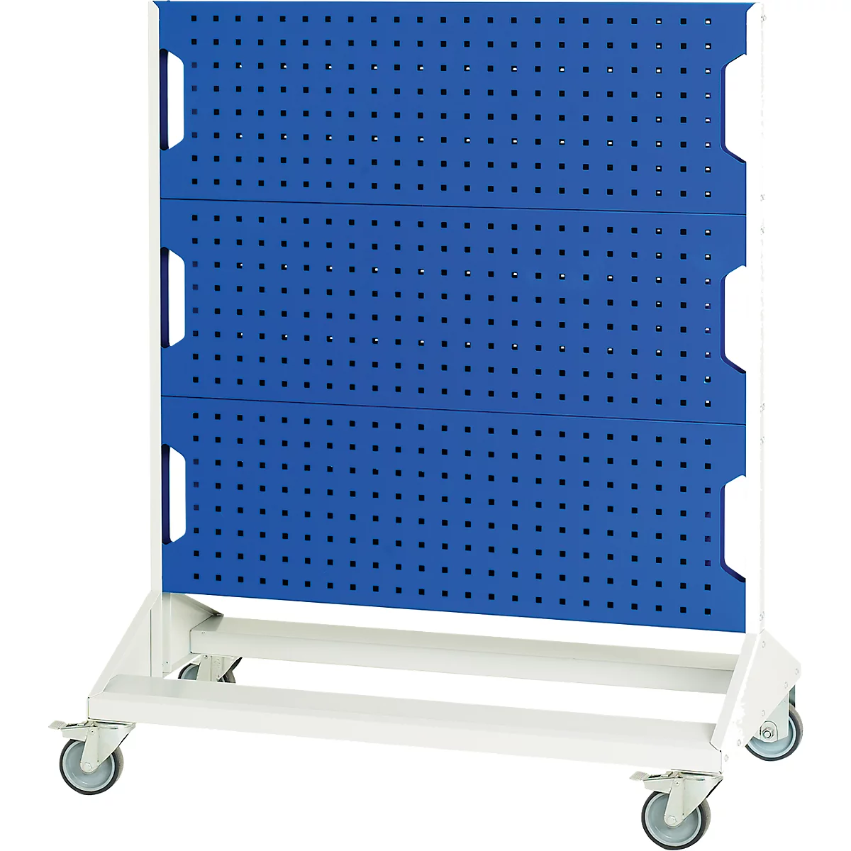 Blaues Lochblech auf weißem Gestell mit Rollen, bereit zum Aufhängen von Werkzeugen.