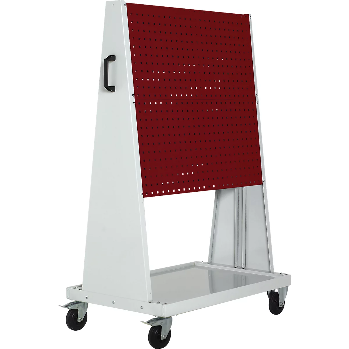 Ein weißes, rollbares Werkzeugbrett mit roter Lochwand und schwarzem Griff.