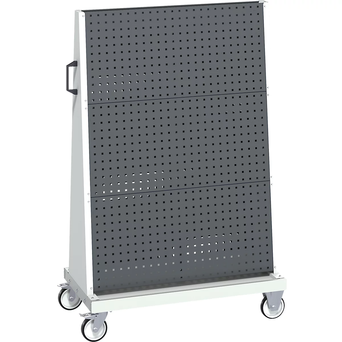 Graue Lochwand auf weißem, rollbarem Gestell. Schwarzer Griff an der Seite.