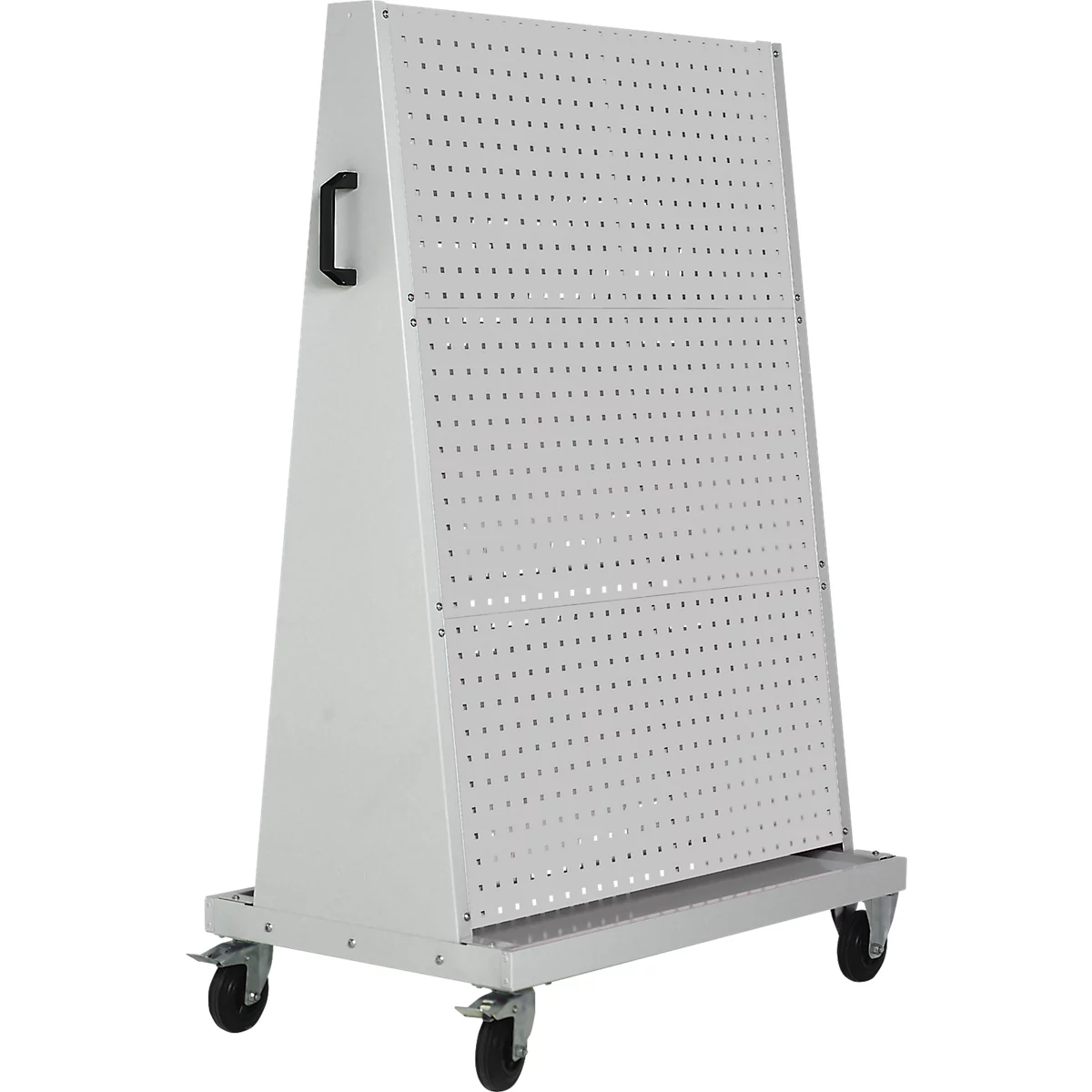Graue, mobile Lochwand mit Griff und Rollen. Die Wand ist perforiert und steht auf einem silbernen Sockel.