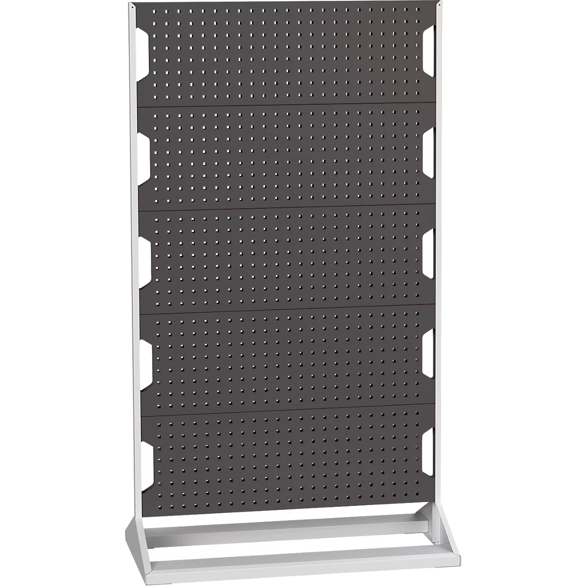 Graue Lochwand auf weißem Rahmen, für Werkzeuge. Mit Löchern zur Aufnahme von Zubehör.