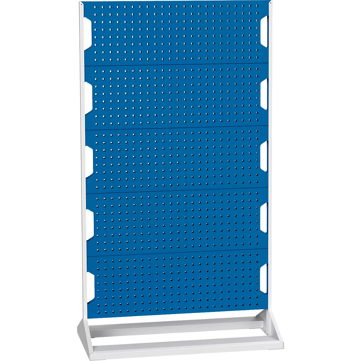 Blaues Lochblech auf weißem Gestell, zur Aufhängung von Werkzeug.