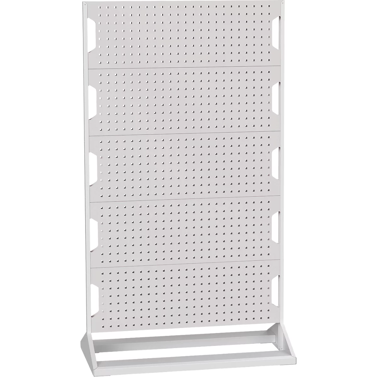 Weißes Lochblech-Regal, mit vielen kleinen Löchern, aufrechtstehend.