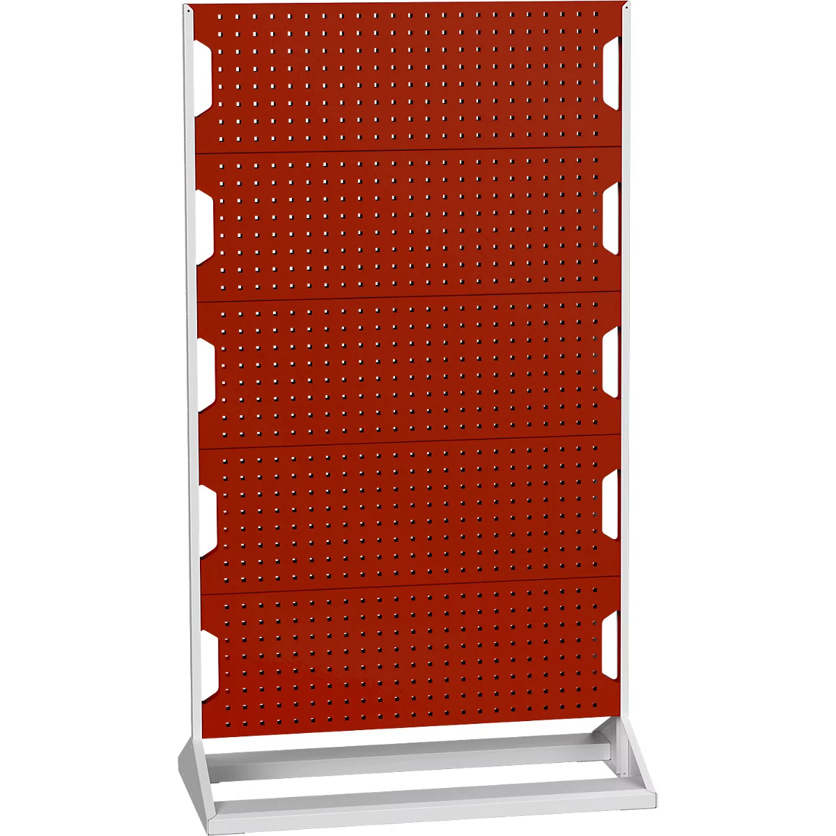 Rote Lochwand mit weissem Rahmen und Sockel. Sie ist mit vielen kleinen Löchern versehen, die für Haken genutzt werden können.