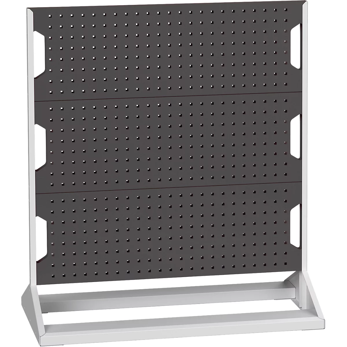 Graue Lochwand auf weißem Gestell, mit drei waagerechten Feldern. Kleinere Löcher sind gleichmäßig verteilt.