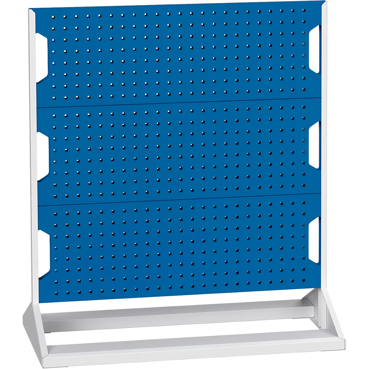 Blaues Lochblech-Board mit weißem Rahmen und Standfuß. Die Oberfläche ist mit Löchern versehen.