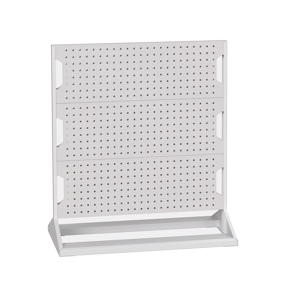 Hellgraue Lochwand mit vielen kleinen Löchern, auf einer Basis stehend.