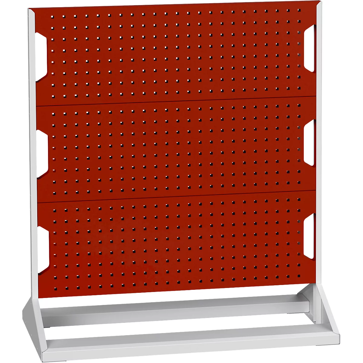 Rotes Lochblech auf weißem Gestell, mit Löchern und rechteckigen Aussparungen. Für Werkzeuge.