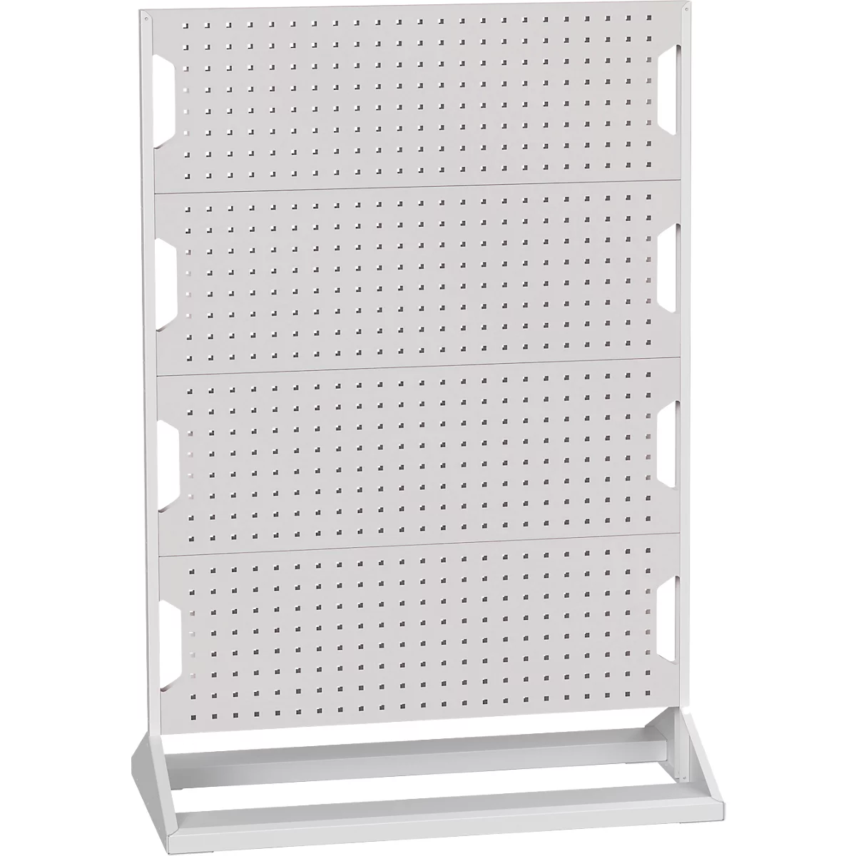 Weißes Lochblech Regal mit rechteckigen Löchern. Das Regal steht auf zwei Füßen.
